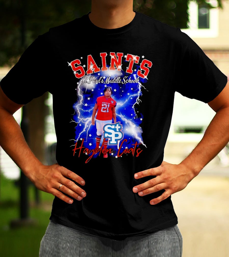 Saints St Paul’s Middle School Football Hayden Coats 21 Lightning Background T-Shirt