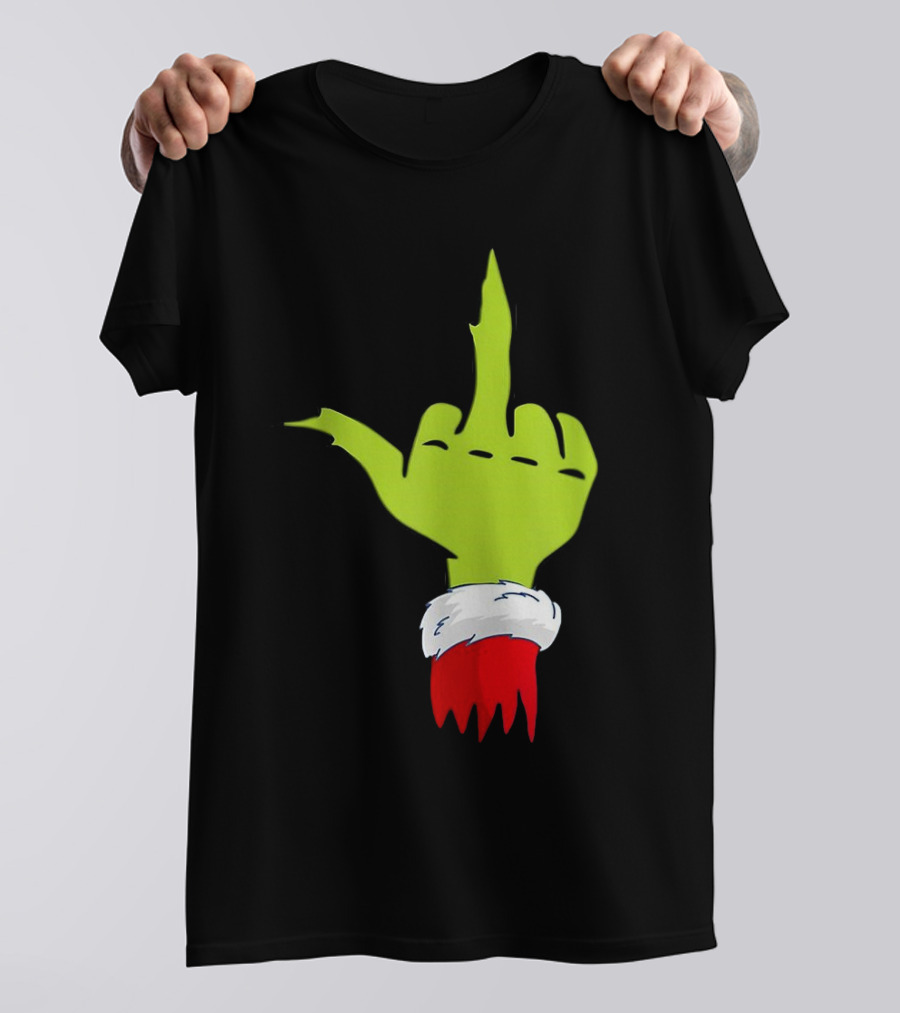 Grinch Middle Finger Merry Christmas Santa Hand Gesture T-Shirt