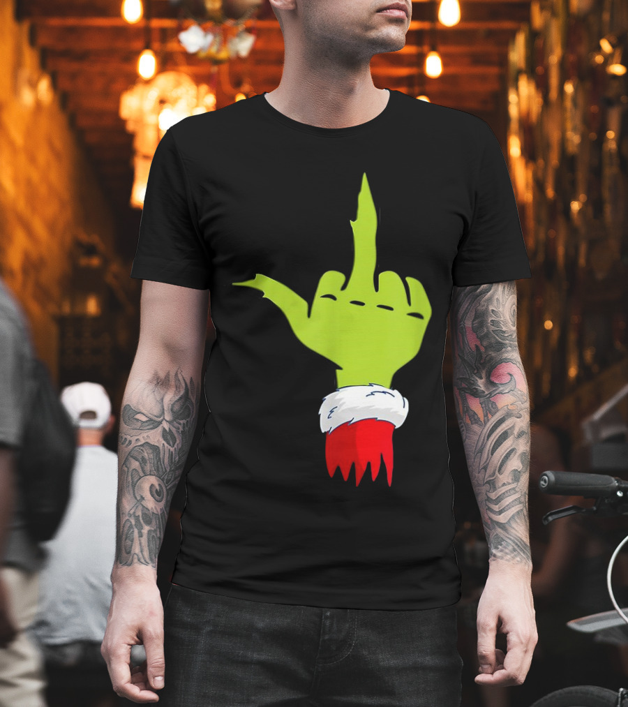 Grinch Middle Finger Merry Christmas Santa Hand Gesture T-Shirt