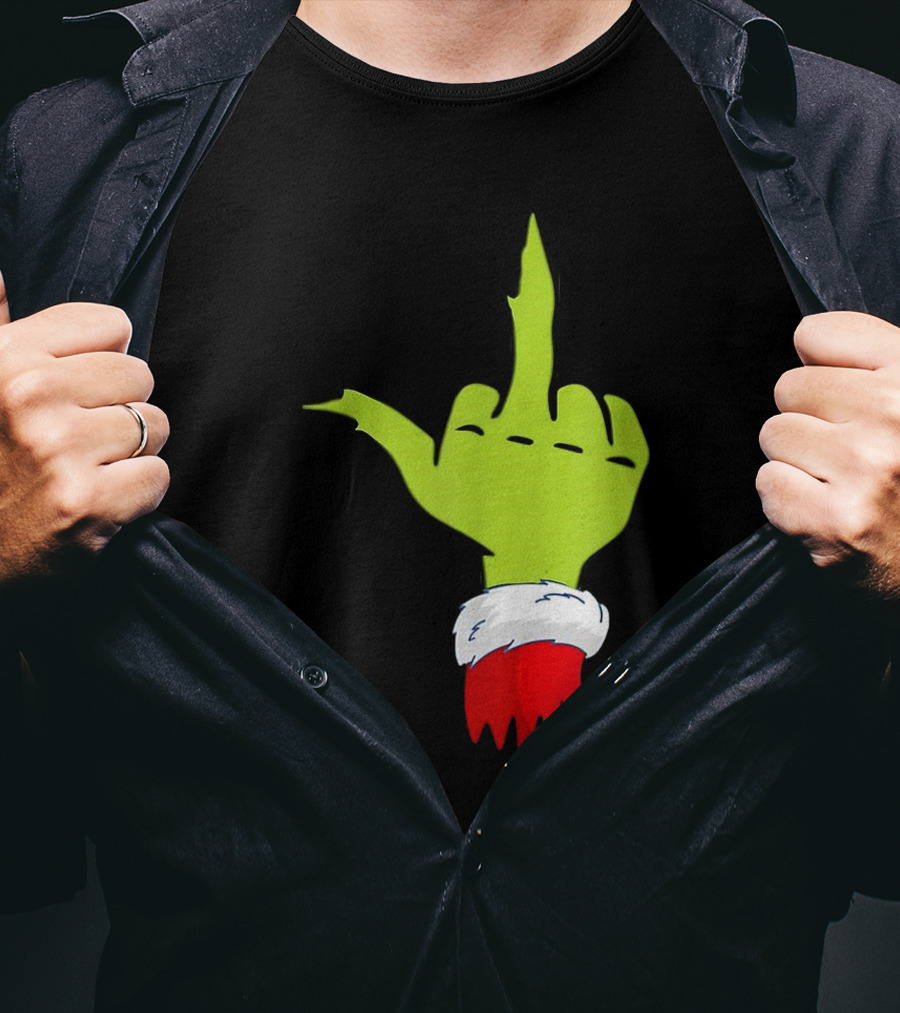 Grinch Middle Finger Merry Christmas Santa Hand Gesture T-Shirt