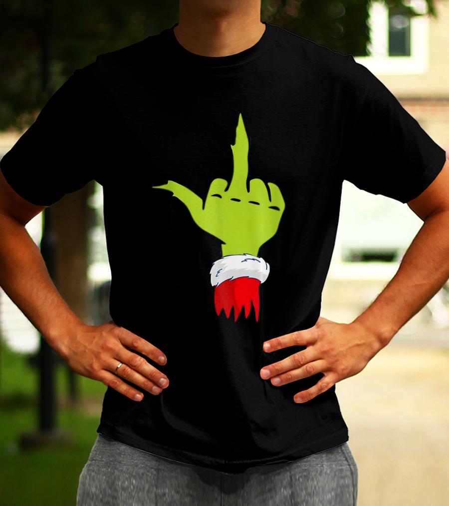 Grinch Middle Finger Merry Christmas Santa Hand Gesture T-Shirt