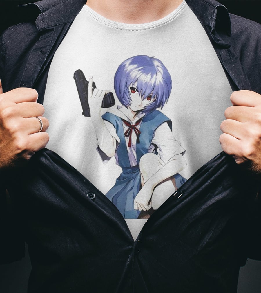 Rei Ayanami Blue Uniform Holding Gun T-Shirt