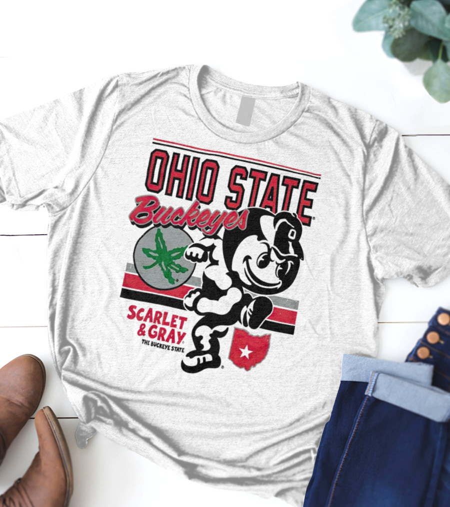 Ohio State Buckeyes Scarlet And Gray Buckeyes State Vintage Style With Script Logo And Buckeye Leaf T-Shirt