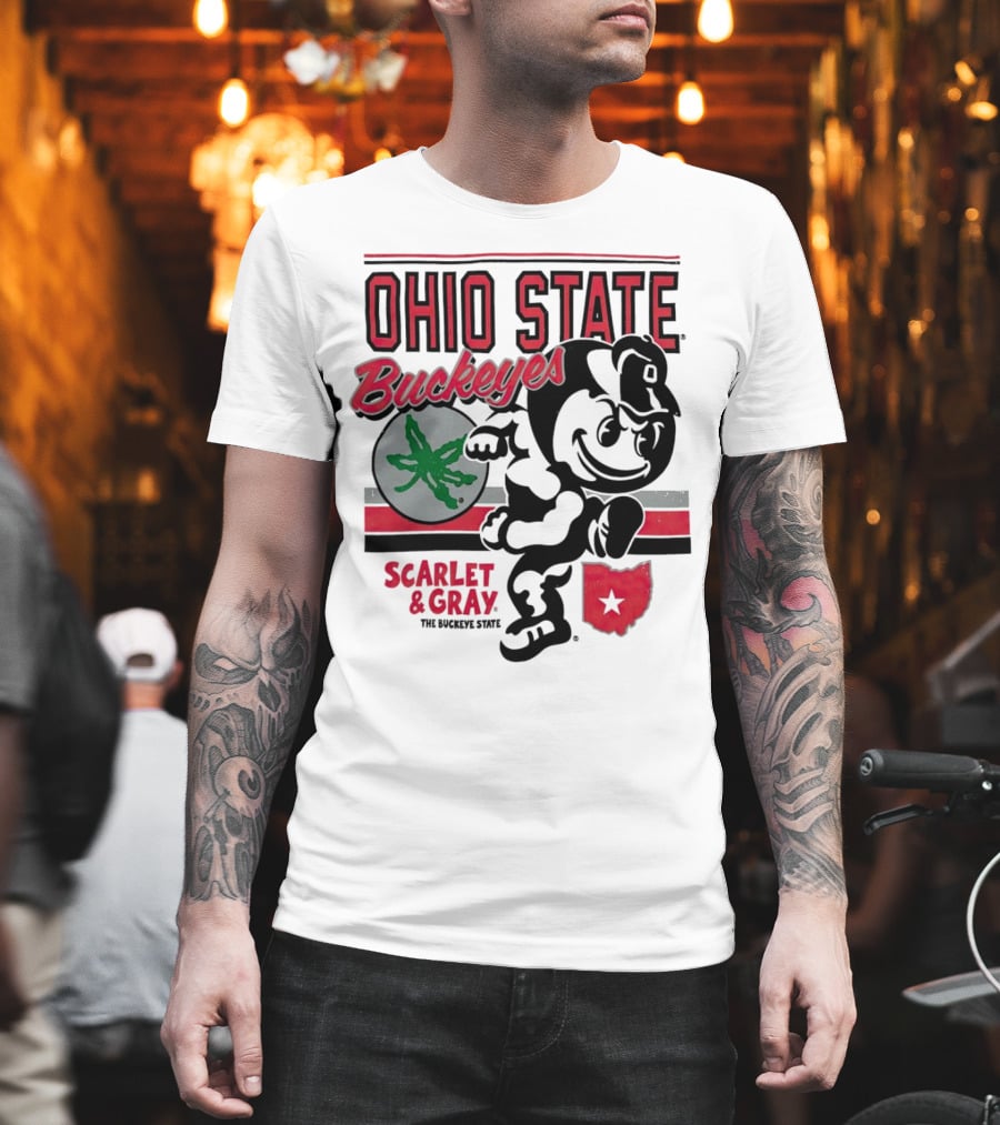 Ohio State Buckeyes Scarlet And Gray Buckeyes State Vintage Style With Script Logo And Buckeye Leaf T-Shirt