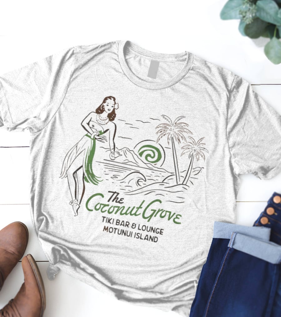 The Coconut Grove Tiki Bar And Lounge Motunui Island Woman With Palm Trees And Waves T-Shirt