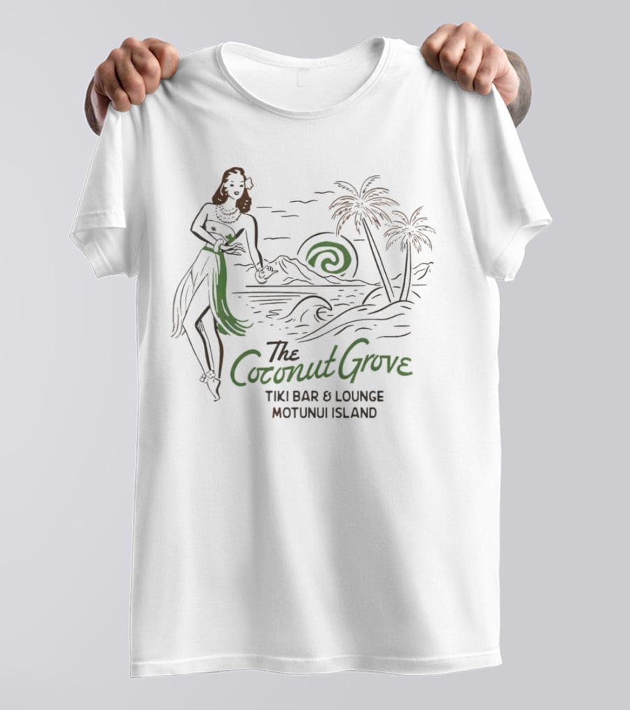 The Coconut Grove Tiki Bar And Lounge Motunui Island Woman With Palm Trees And Waves T-Shirt