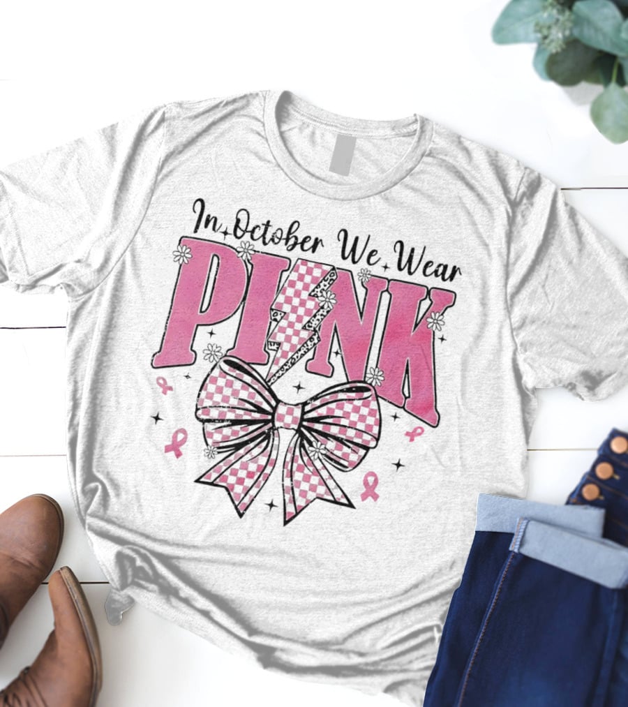 In October We Wear Pink Checkered Bow Lightning T-Shirt