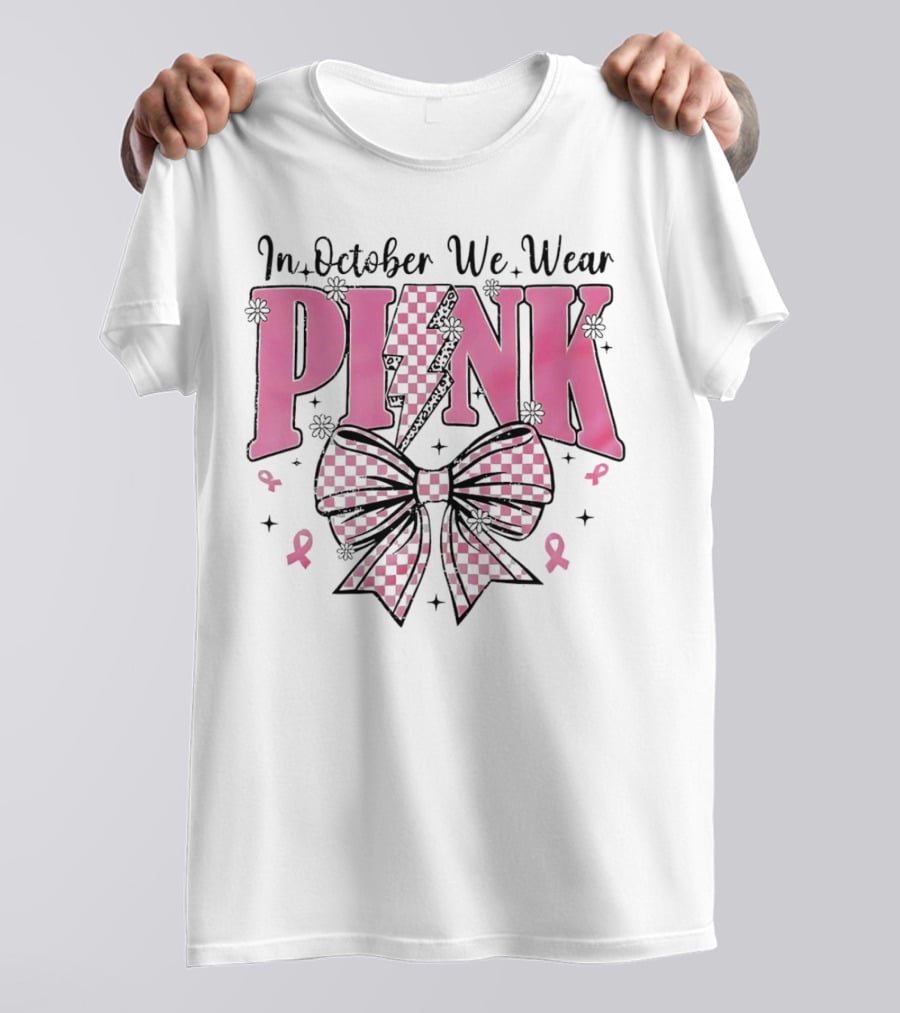 In October We Wear Pink Checkered Bow Lightning T-Shirt