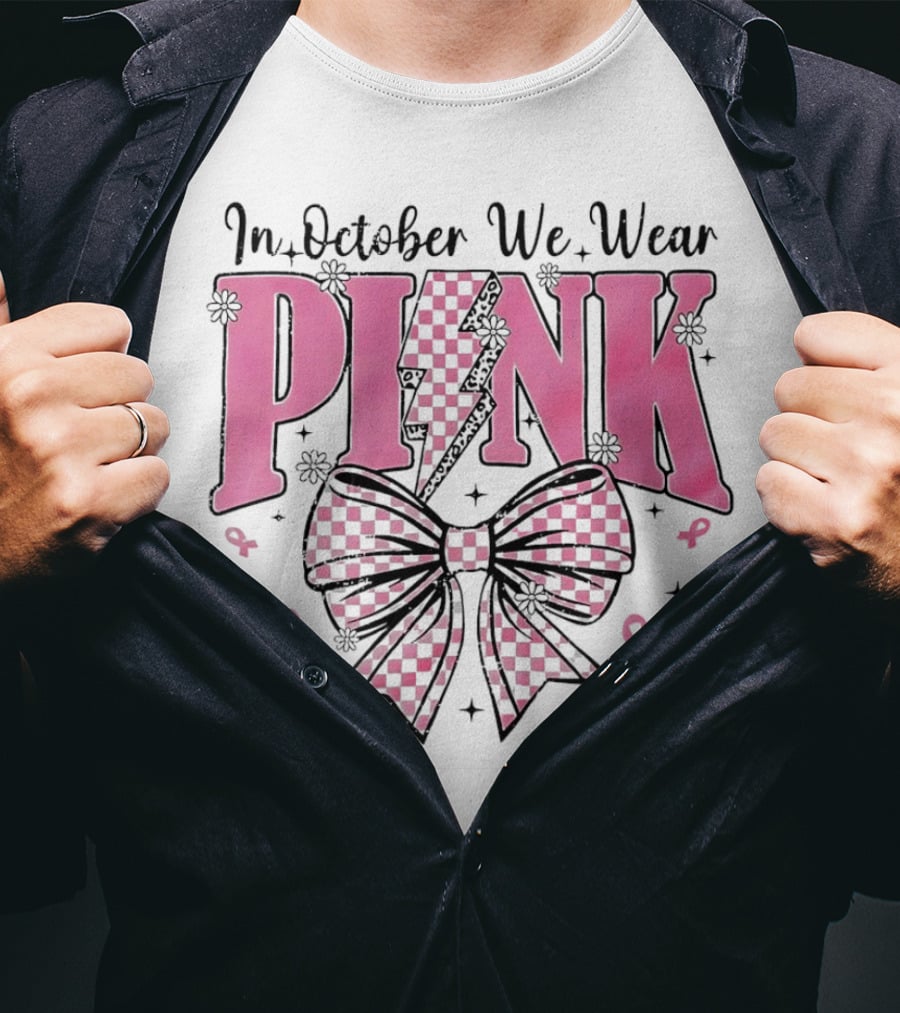 In October We Wear Pink Checkered Bow Lightning T-Shirt
