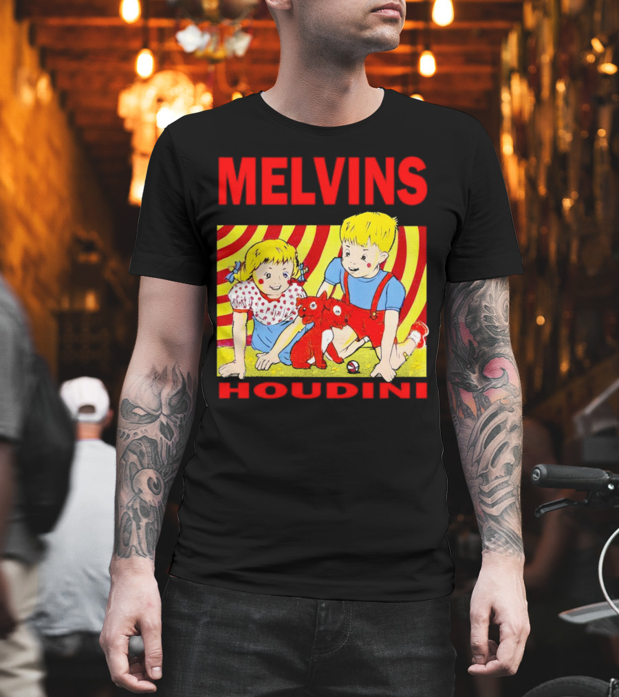 Melvins Houdini Late 00s Jerks Kids With Red Dog And Swirling Red Yellow Background T-Shirt