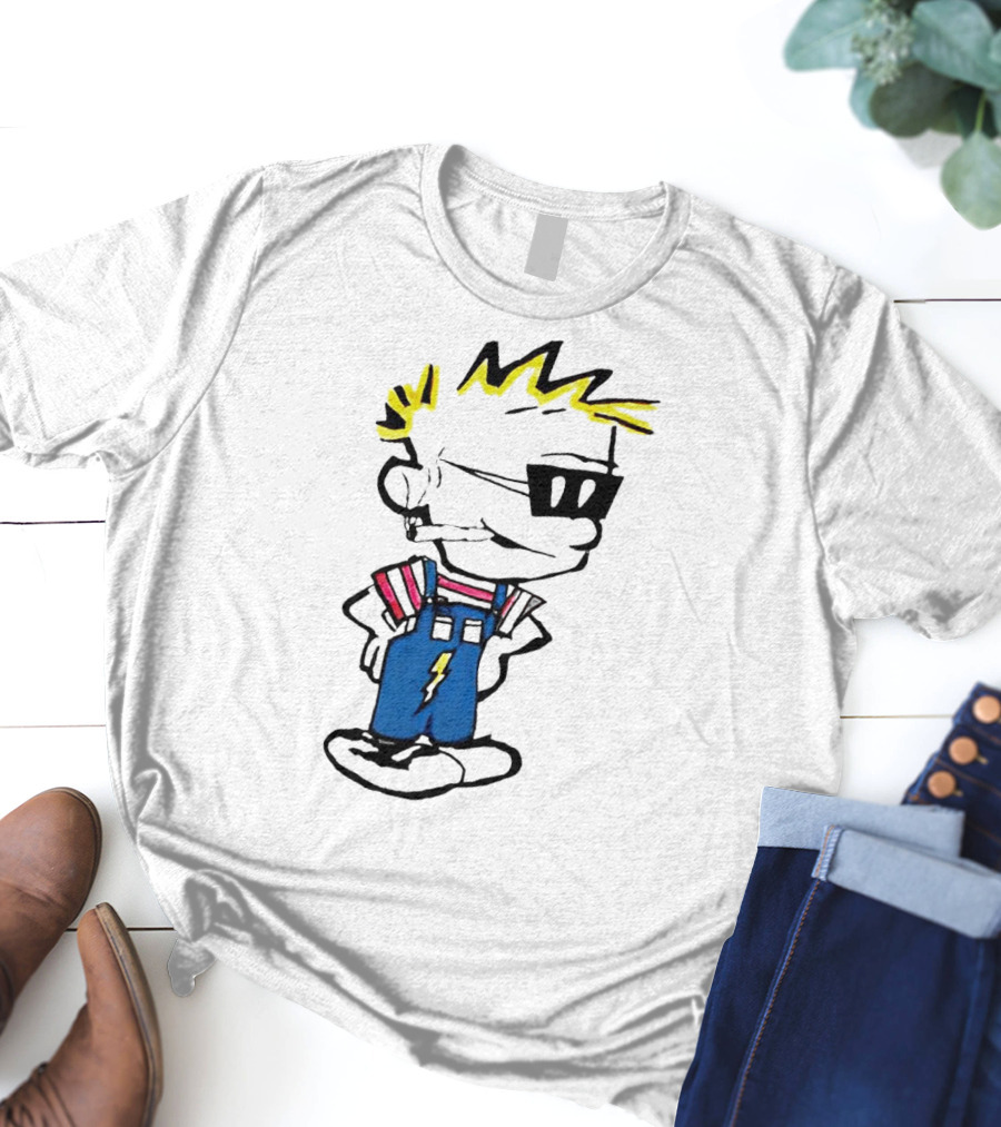 Calvin And Hobbes Spaceman Spiff Lightning Overalls Yellow Hair Sunglasses T-Shirt