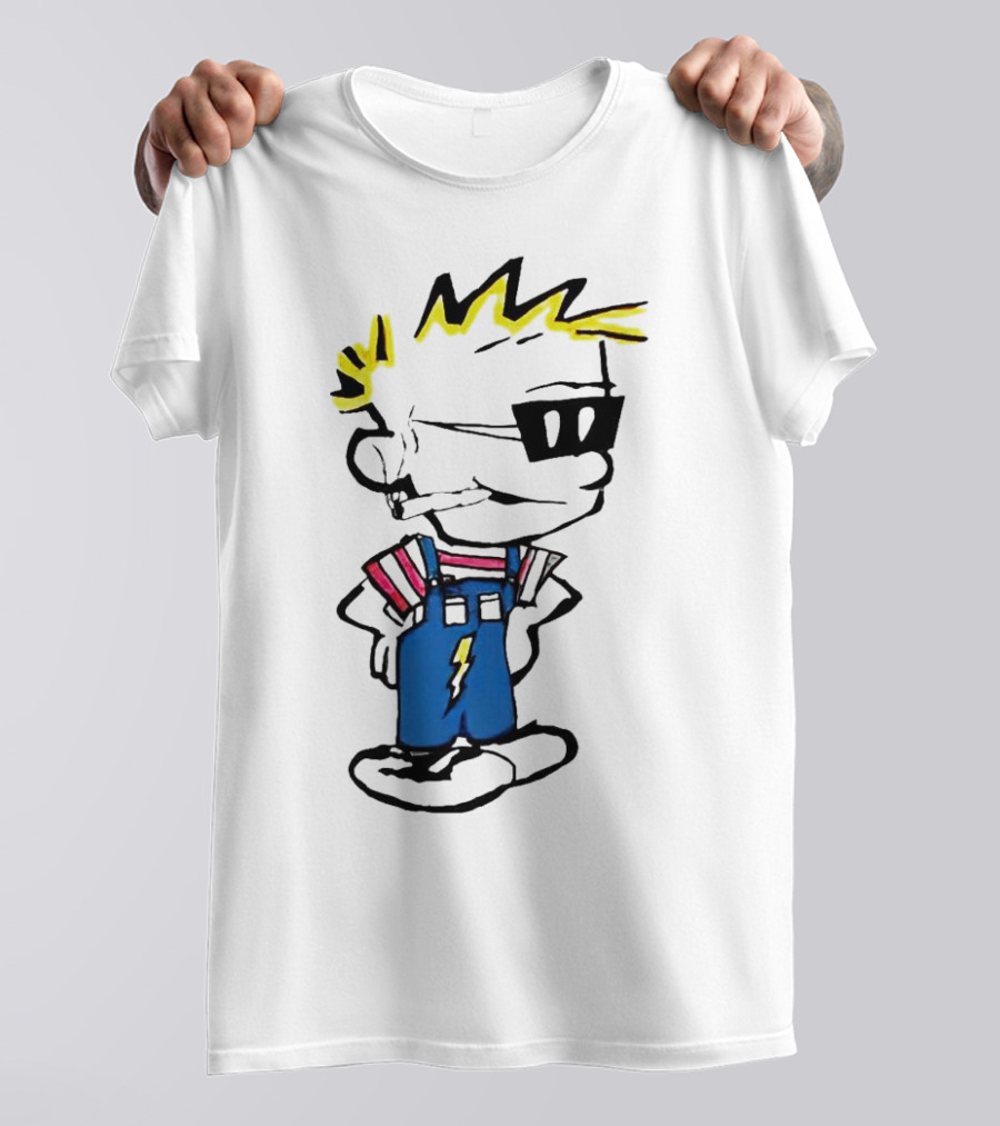 Calvin And Hobbes Spaceman Spiff Lightning Overalls Yellow Hair Sunglasses T-Shirt