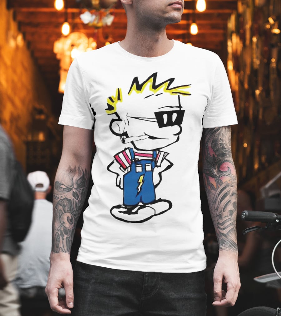 Calvin And Hobbes Spaceman Spiff Lightning Overalls Yellow Hair Sunglasses T-Shirt