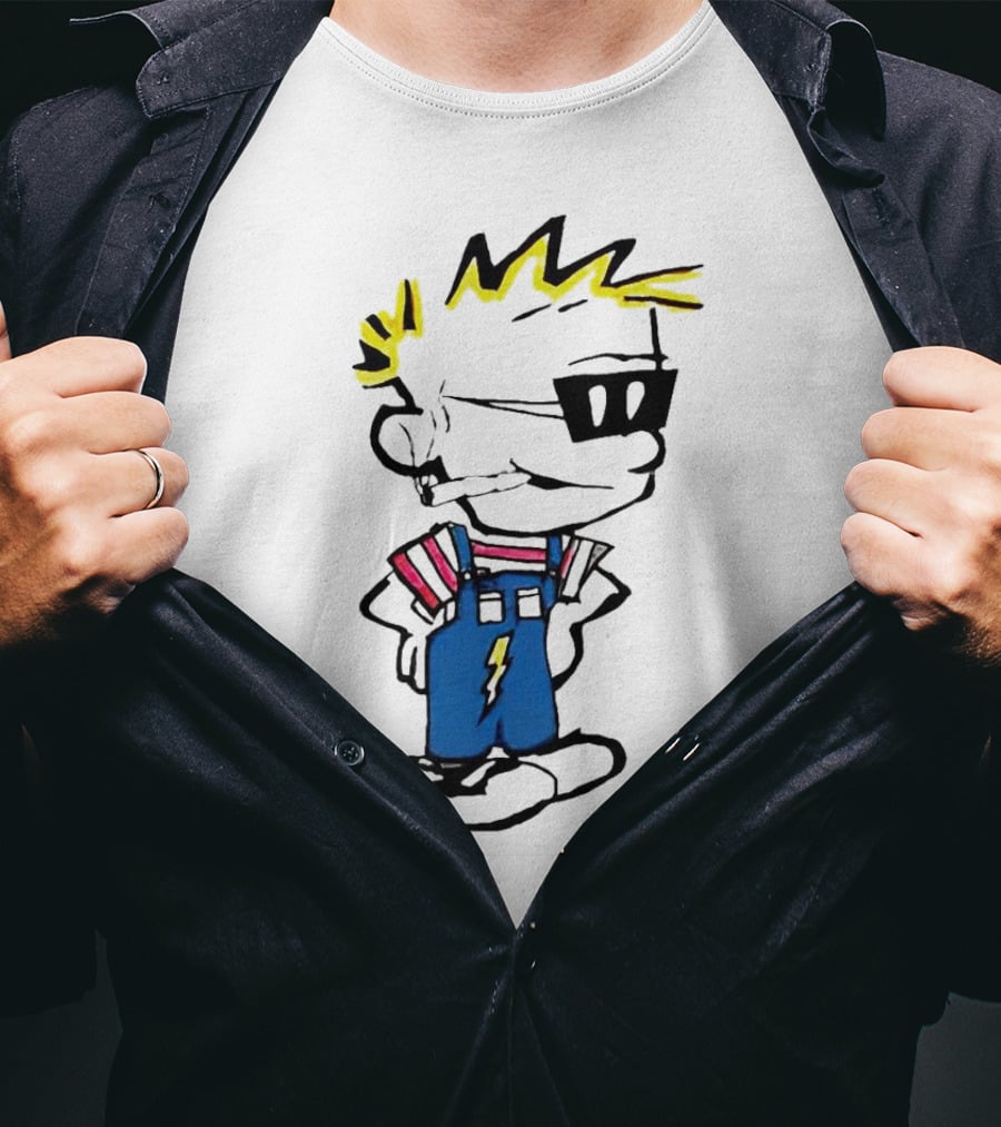 Calvin And Hobbes Spaceman Spiff Lightning Overalls Yellow Hair Sunglasses T-Shirt