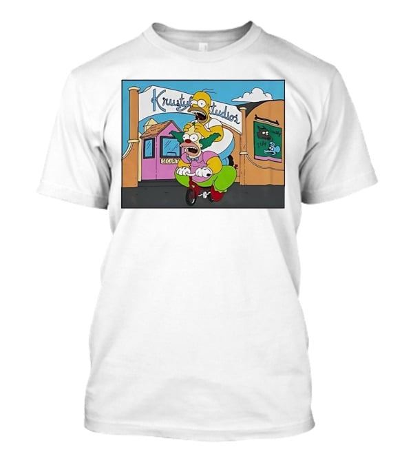 Krustyland Studios With Homer And Krusty The Clown On Bicycle From The Simpsons T-Shirt