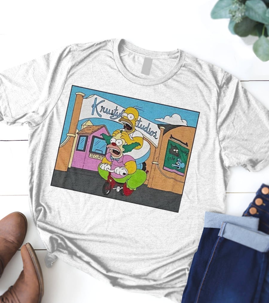 Krustyland Studios With Homer And Krusty The Clown On Bicycle From The Simpsons T-Shirt