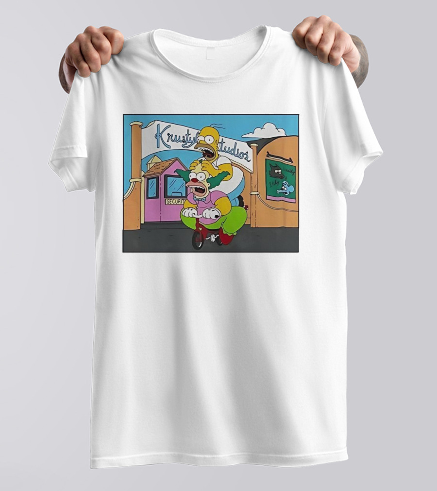 Krustyland Studios With Homer And Krusty The Clown On Bicycle From The Simpsons T-Shirt