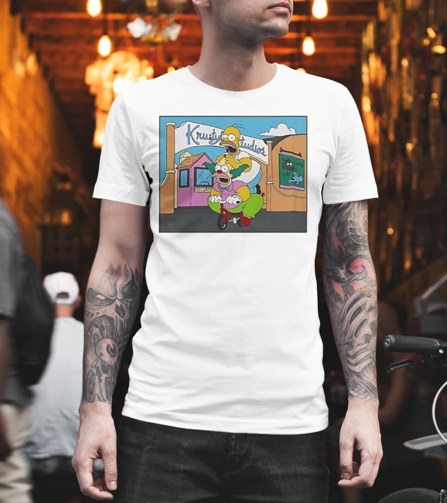 Krustyland Studios With Homer And Krusty The Clown On Bicycle From The Simpsons T-Shirt