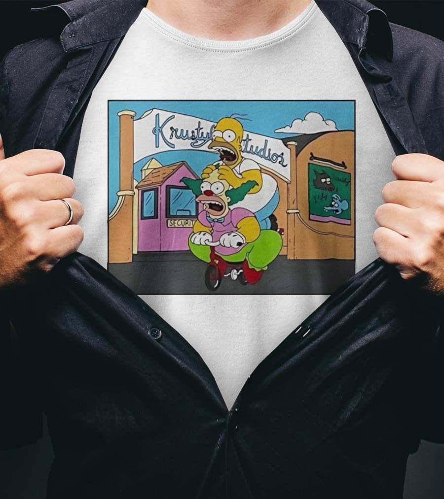 Krustyland Studios With Homer And Krusty The Clown On Bicycle From The Simpsons T-Shirt