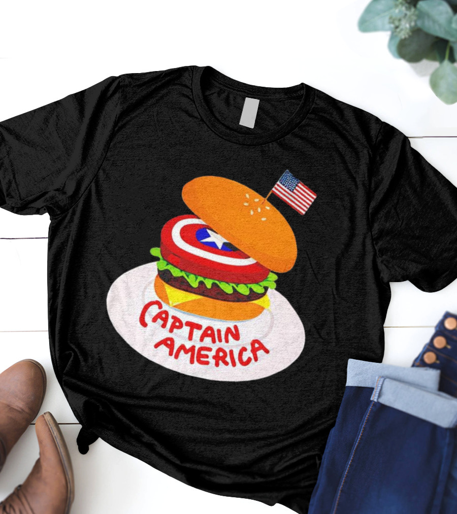 Captain America Burger With Flag And Shield Lettuce Bun T-Shirt