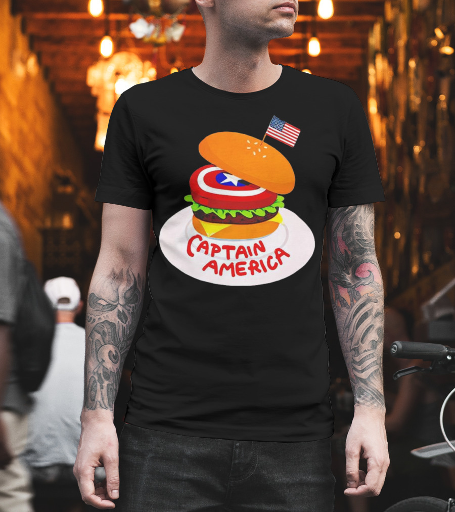 Captain America Burger With Flag And Shield Lettuce Bun T-Shirt