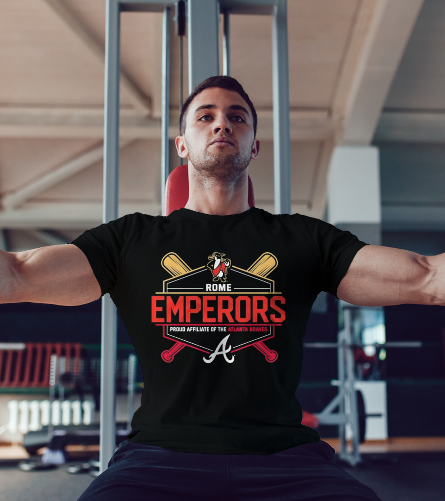 Rome Emperors Proud Affiliate Of The Atlanta Braves Logo With Crossed Bats And Mascot T-Shirt