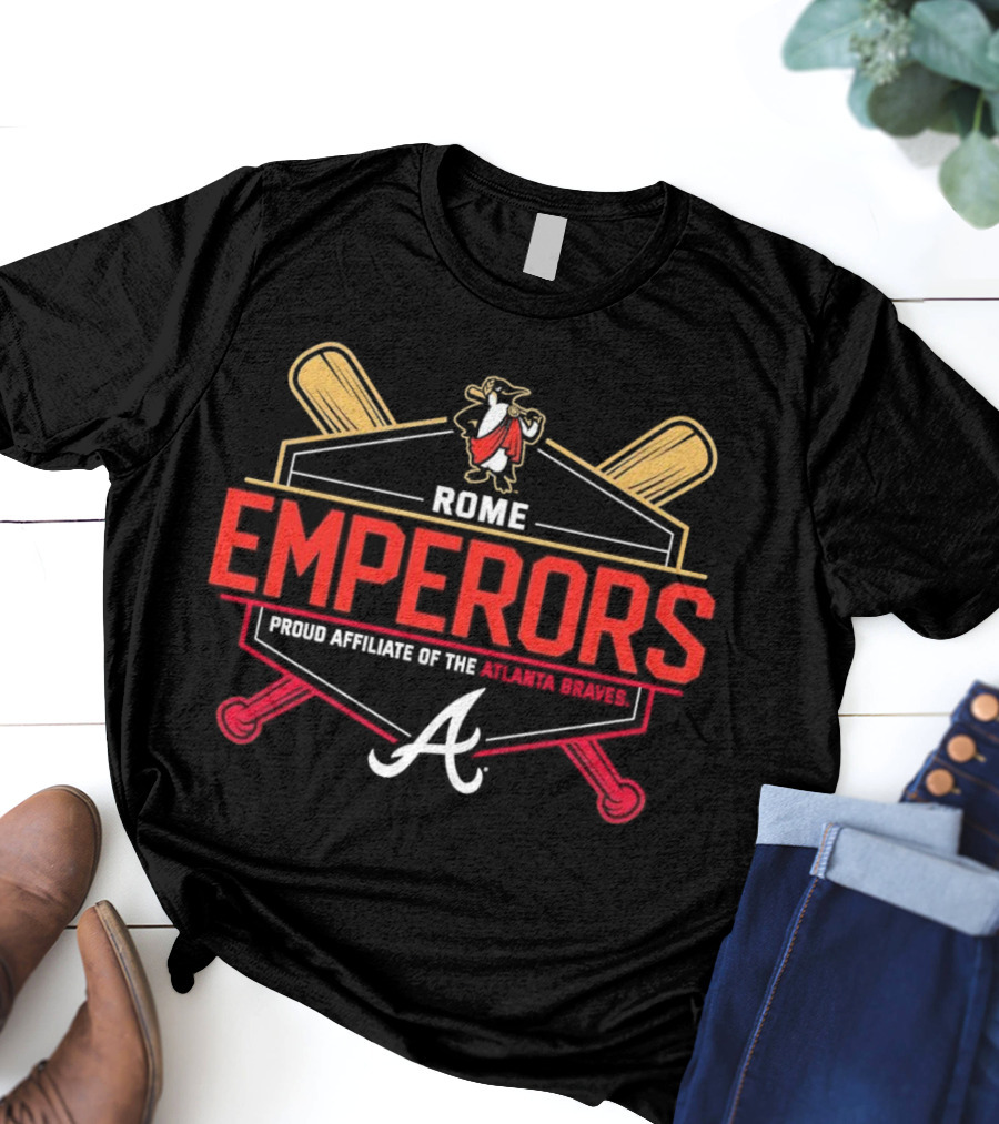 Rome Emperors Proud Affiliate Of The Atlanta Braves Logo With Crossed Bats And Mascot T-Shirt