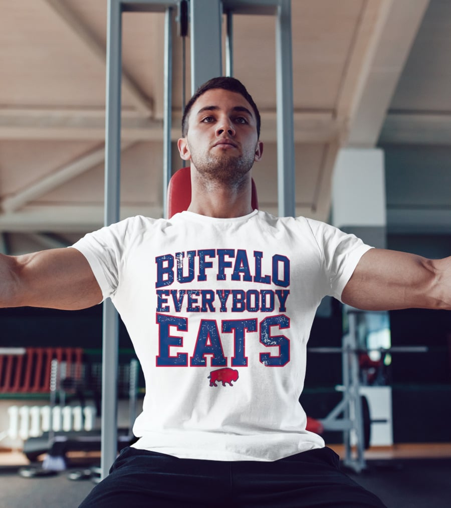 Buffalo Everybody Eats Red Bison Icon Bold Blue Letters T-Shirt