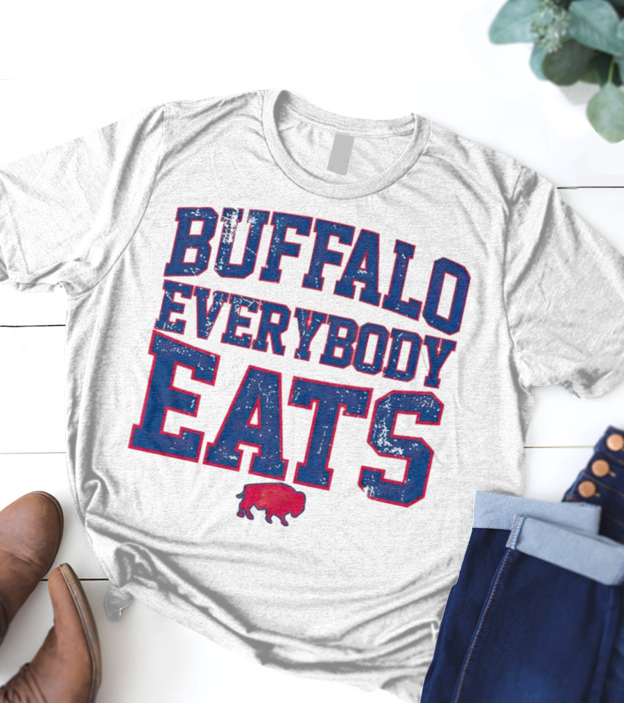 Buffalo Everybody Eats Red Bison Icon Bold Blue Letters T-Shirt
