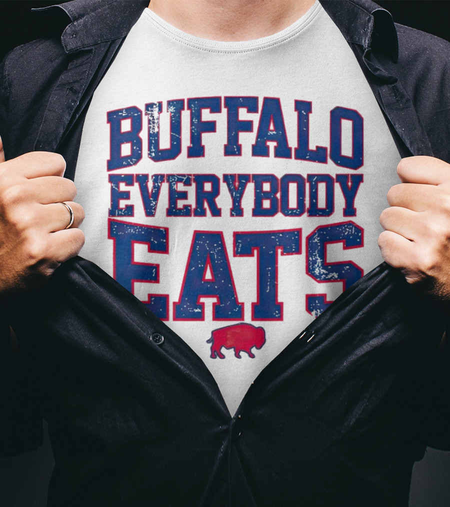 Buffalo Everybody Eats Red Bison Icon Bold Blue Letters T-Shirt