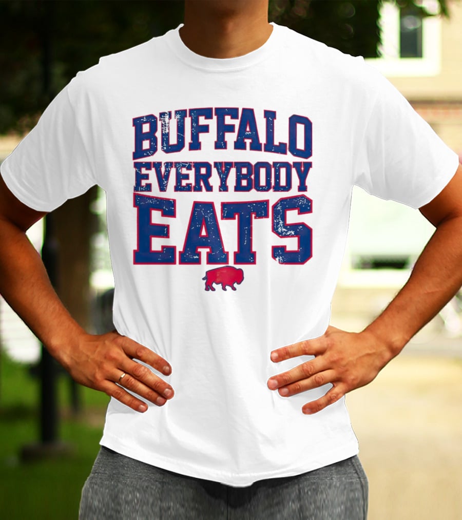 Buffalo Everybody Eats Red Bison Icon Bold Blue Letters T-Shirt