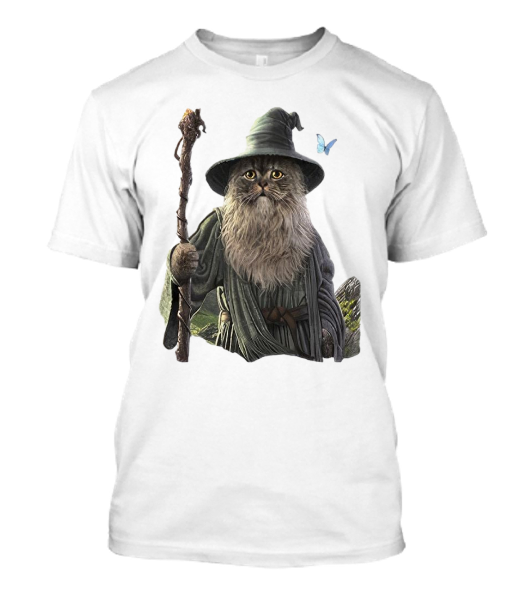 Cat The Mountain Wizard Catdalf Cat With Staff And Hat T-Shirt