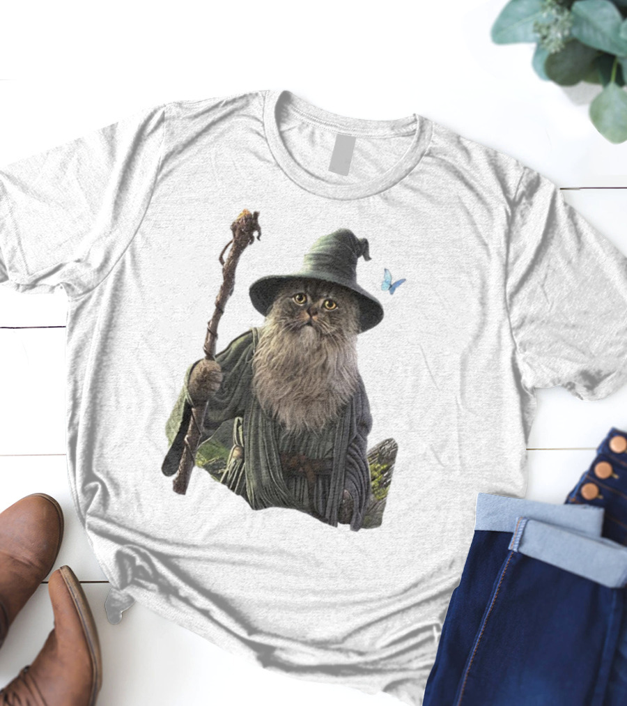 Cat The Mountain Wizard Catdalf Cat With Staff And Hat T-Shirt