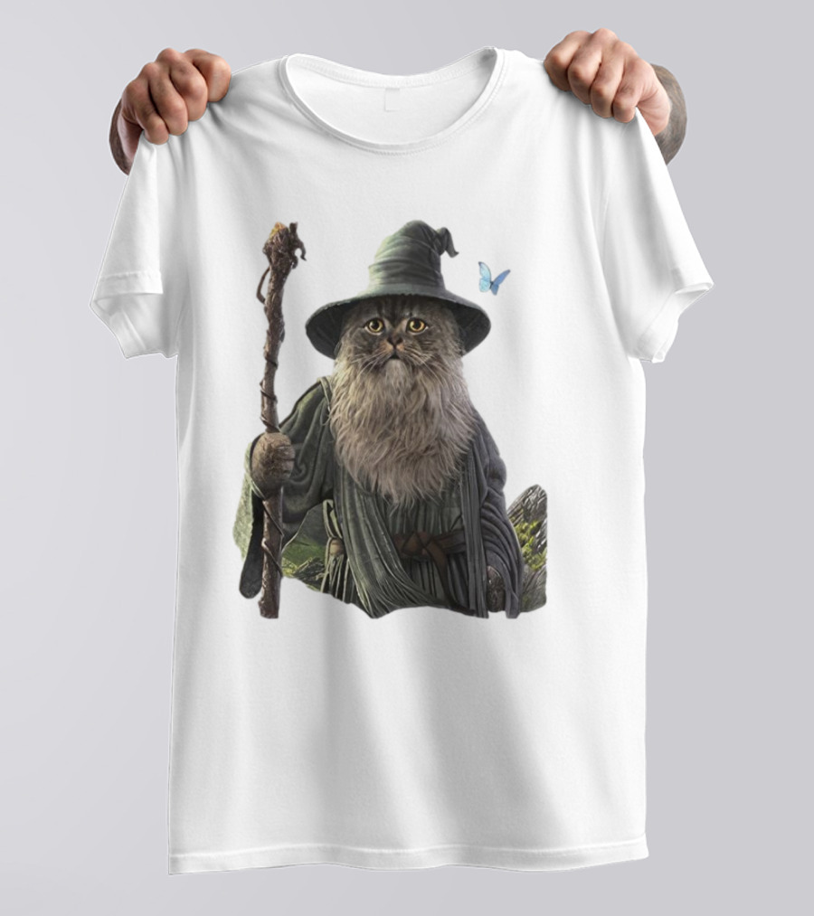 Cat The Mountain Wizard Catdalf Cat With Staff And Hat T-Shirt