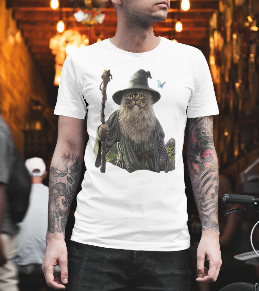Cat The Mountain Wizard Catdalf Cat With Staff And Hat T-Shirt
