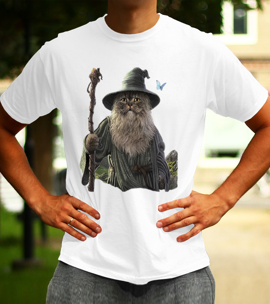 Cat The Mountain Wizard Catdalf Cat With Staff And Hat T-Shirt