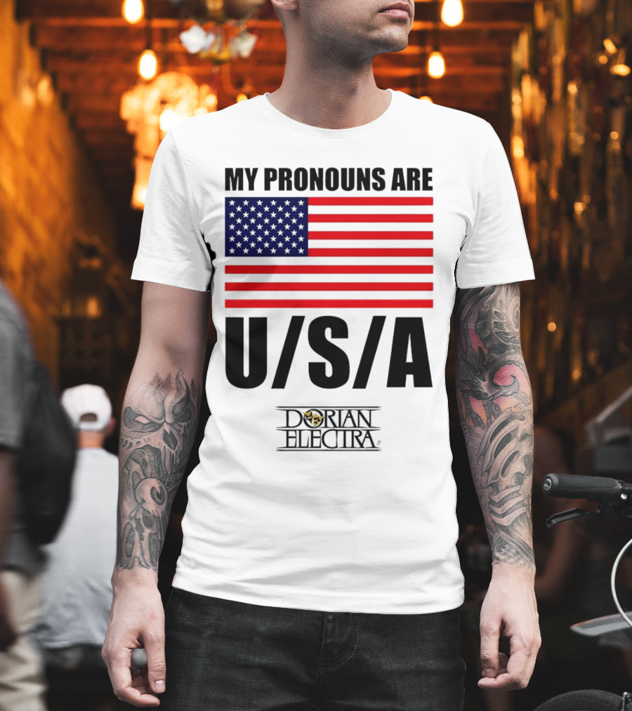 My Pronouns Are USA Dorian Electra American Flag T-Shirt