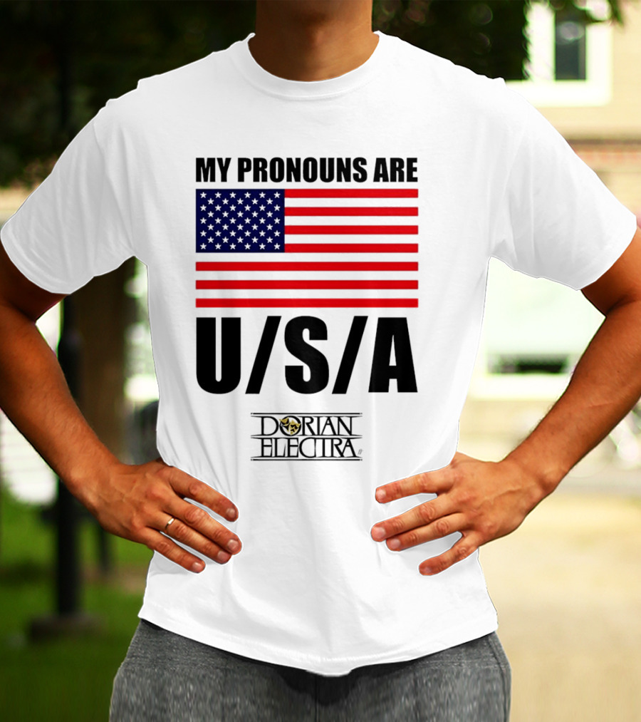 My Pronouns Are USA Dorian Electra American Flag T-Shirt