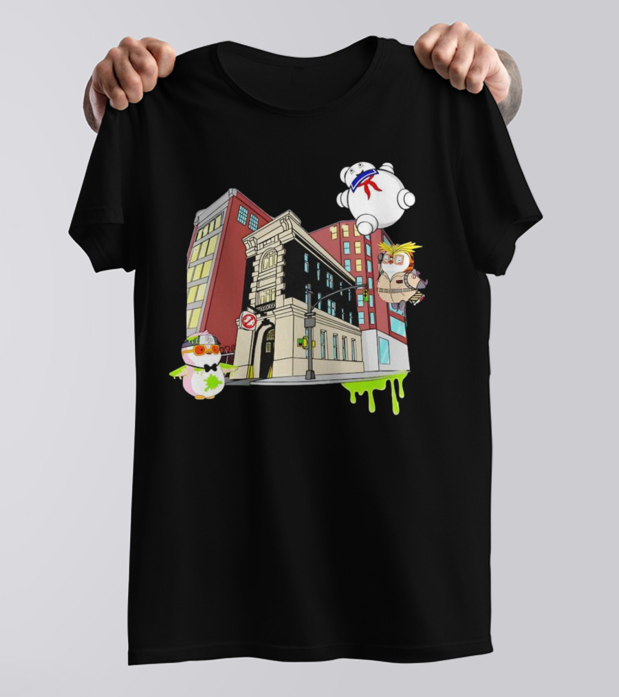 Stay Puft Marshmallow Man Pudgy Penguins Ghostbusters Firehouse Scene T-Shirt