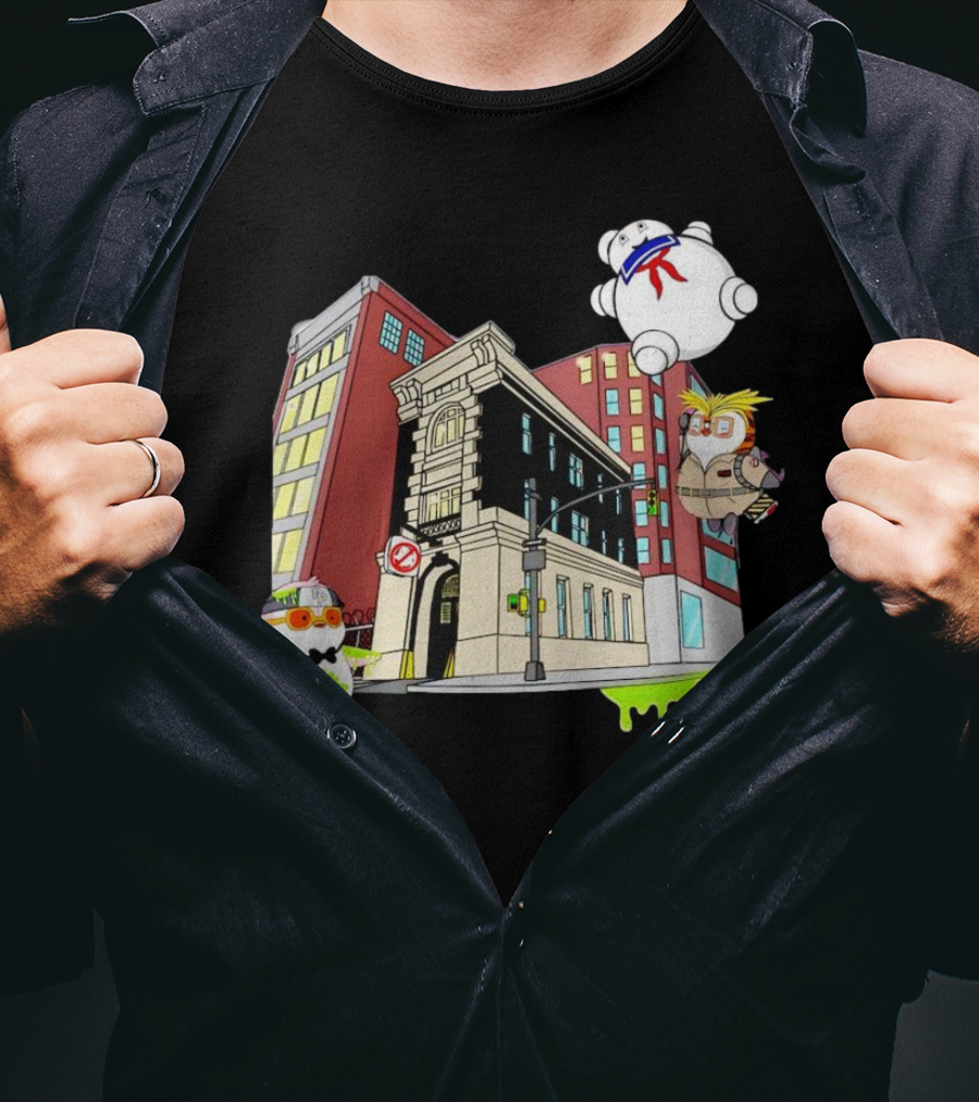 Stay Puft Marshmallow Man Pudgy Penguins Ghostbusters Firehouse Scene T-Shirt
