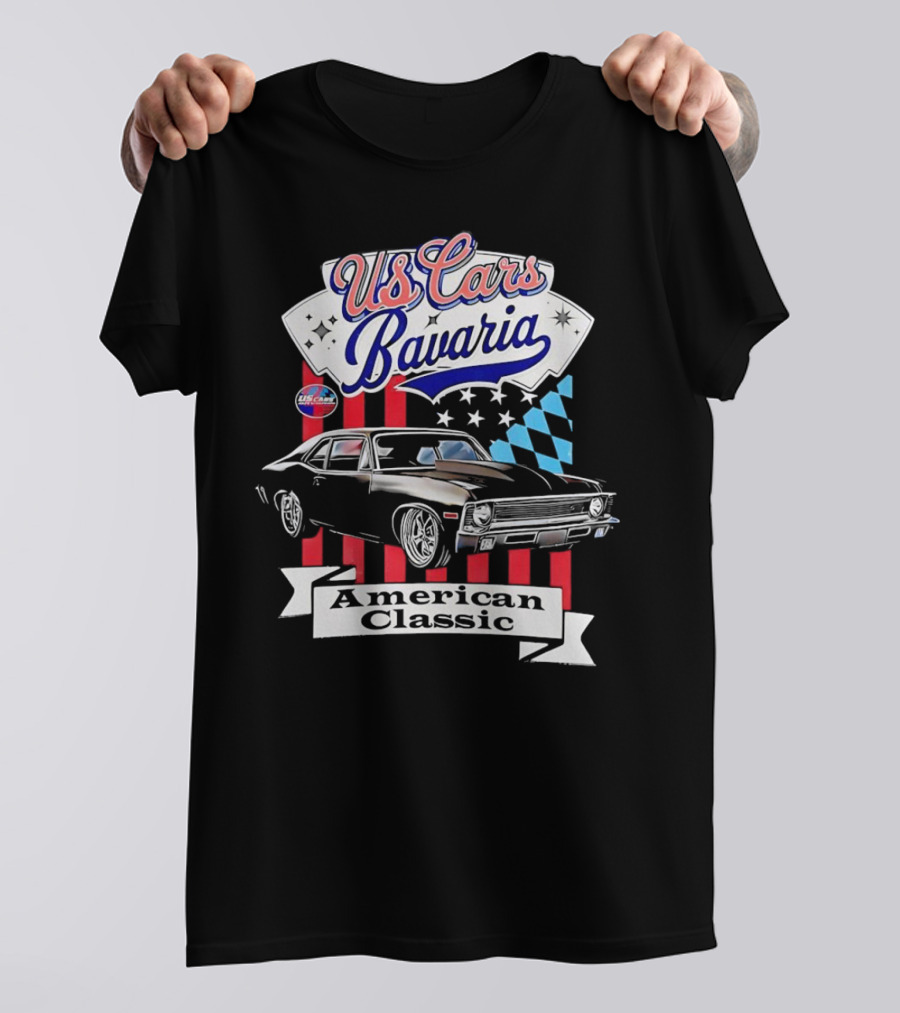 US Cars Bavaria American Classic With Black Muscle Car And Checkered Flags T-Shirt