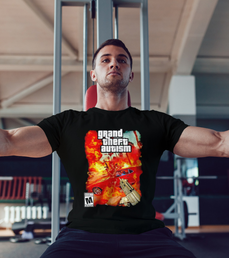 Grand Theft Autism Video Game Cover Parody With Car And Weapon T-Shirt