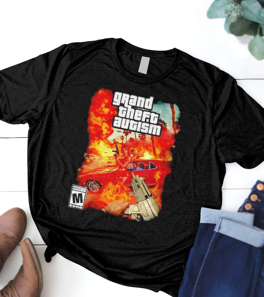 Grand Theft Autism Video Game Cover Parody With Car And Weapon T-Shirt