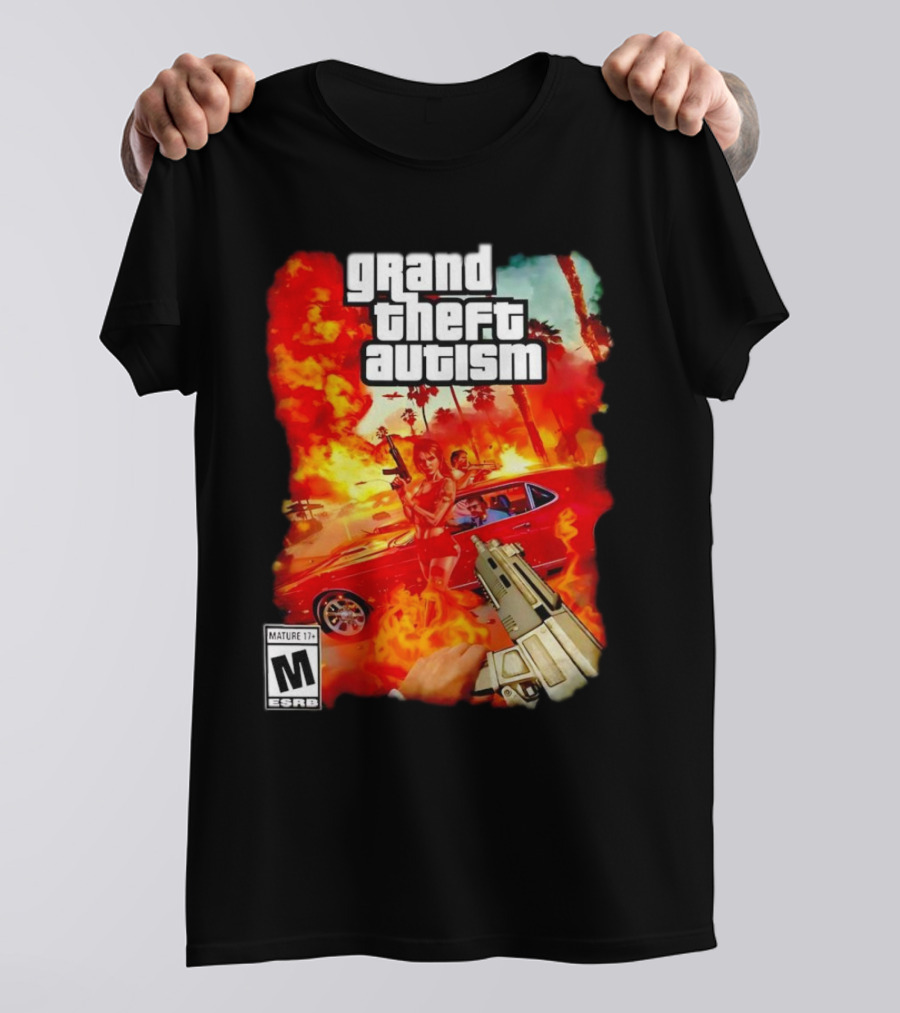 Grand Theft Autism Video Game Cover Parody With Car And Weapon T-Shirt