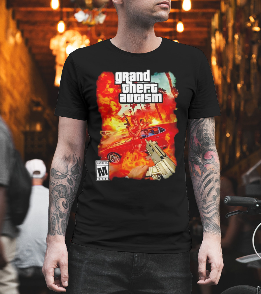 Grand Theft Autism Video Game Cover Parody With Car And Weapon T-Shirt