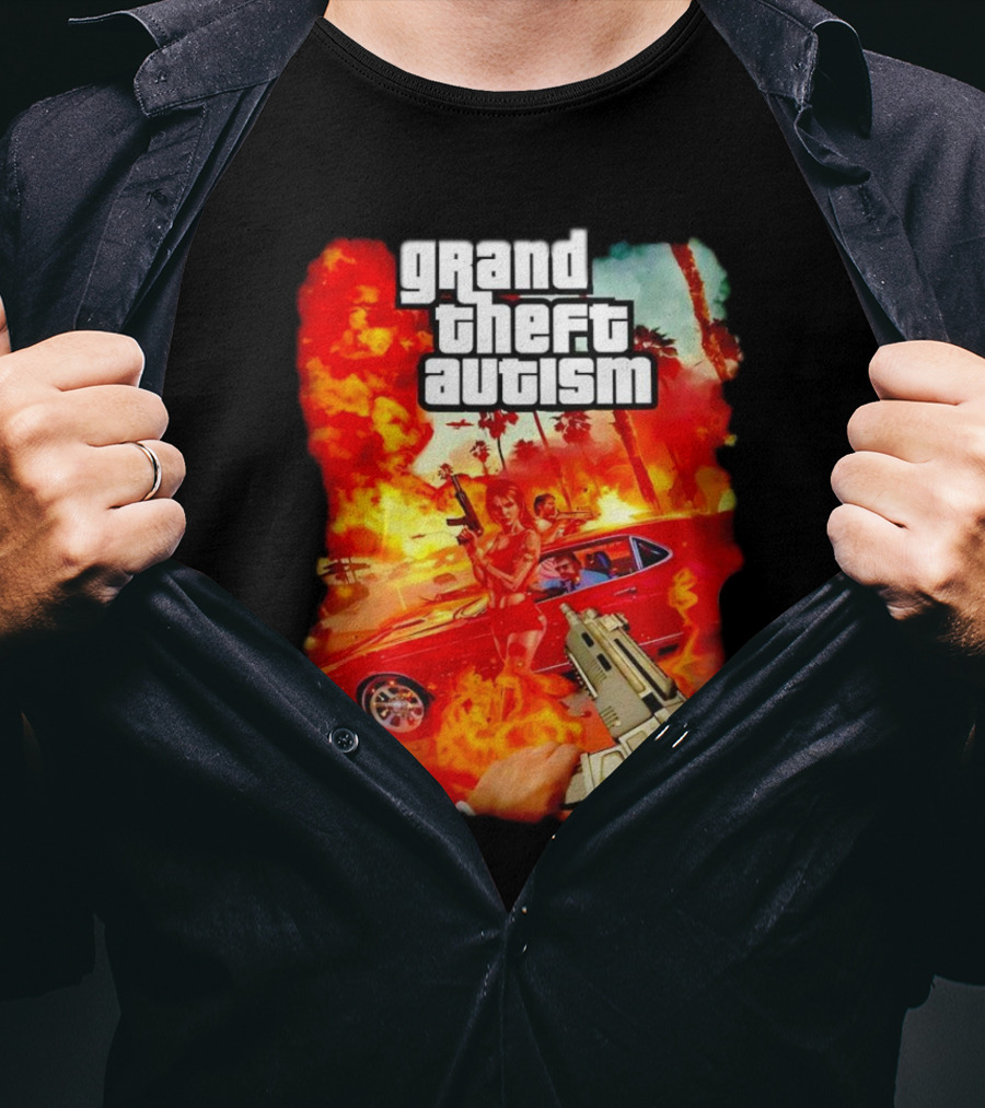 Grand Theft Autism Video Game Cover Parody With Car And Weapon T-Shirt