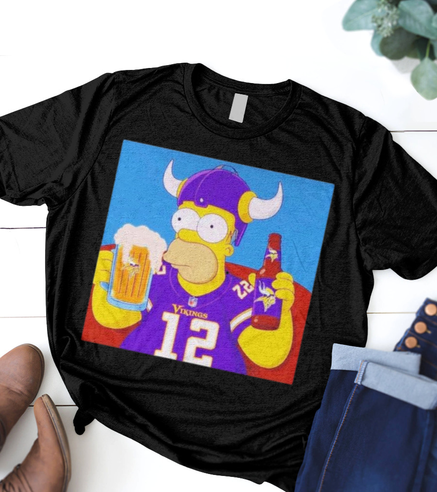 Homer Simpson In Minnesota Vikings Gear Drinking Beer T-Shirt