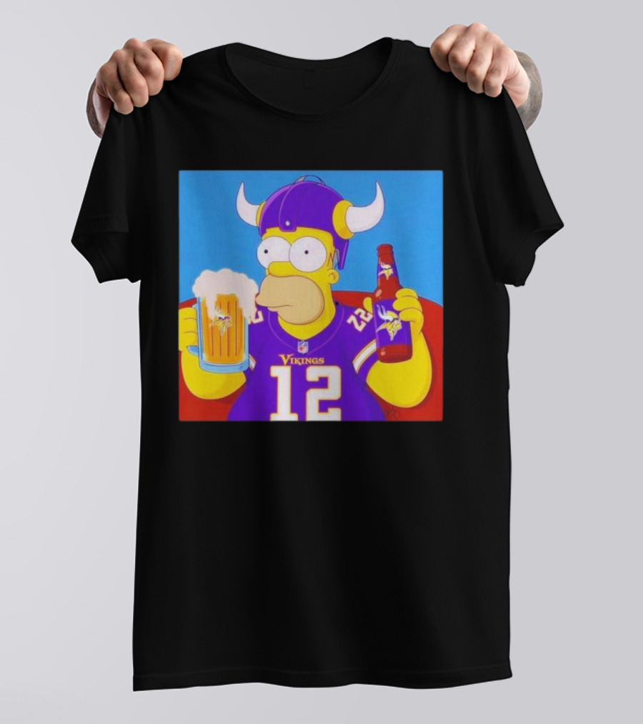 Homer Simpson In Minnesota Vikings Gear Drinking Beer T-Shirt