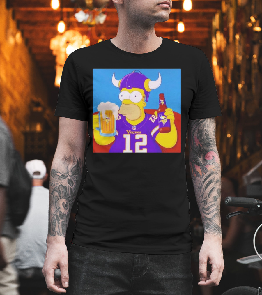 Homer Simpson In Minnesota Vikings Gear Drinking Beer T-Shirt