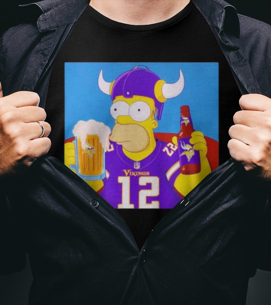 Homer Simpson In Minnesota Vikings Gear Drinking Beer T-Shirt